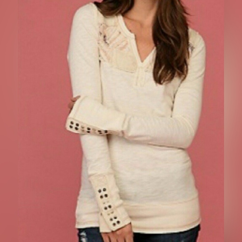 Free People Ivory Lace-Trim Henley Long Sleeve Top